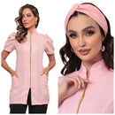 Jaleco Feminino Manga Curta Bufante  Zíper Mara Várias Cores + Turbante  Gardenia Jalecos